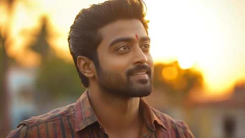 Young man outdoors in sunset light with soft background blur.