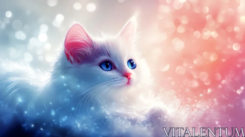 White cat with blue eyes rendered with bokeh light effects.