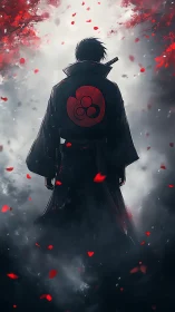 Solitary cloaked swordsman in red petal storm, backlit mist