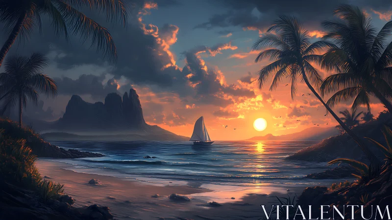 Sailboat drifts through ember-tinted tropical sunset dreamscape.