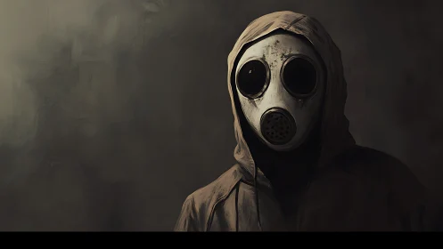 Hooded figure in gas mask against dark empty background.