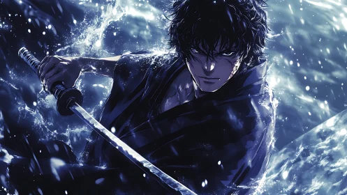 Intense anime swordsman holding katana in crashing water