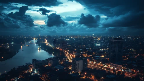 Stormlit river metropolis humming under electric nightfall.