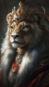 Regal lion monarch wears jeweled crown and ornate robes