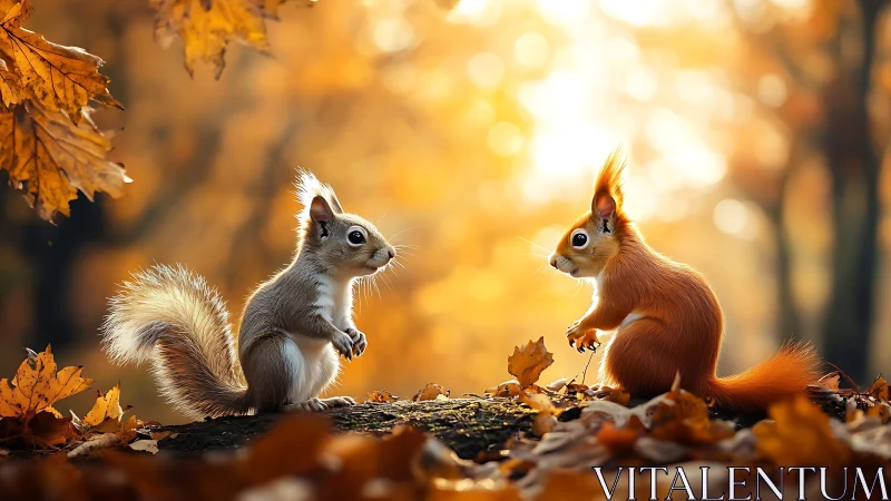Two squirrels on forest floor amid autumn foliage.