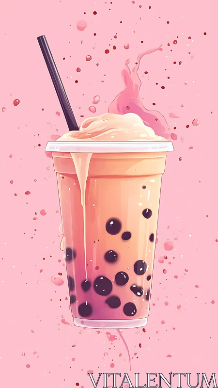 Pink background digital illustration of bubble tea drink.
