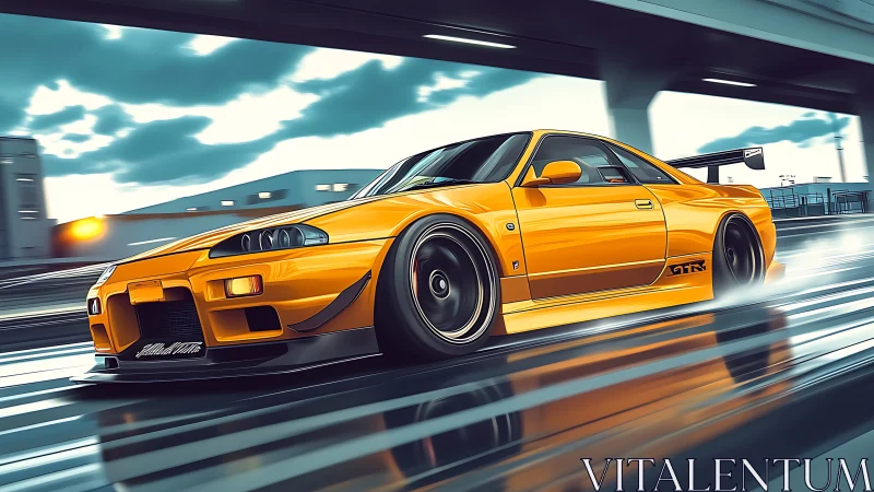 Yellow tuned GTR rendered in dynamic motion blur on wet highway