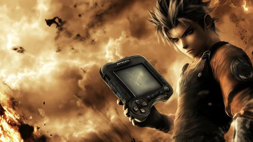 Explosive anime operative wielding rugged tactical handheld device.