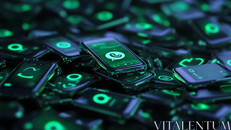 High-density array of glowing smartphones with chat icons