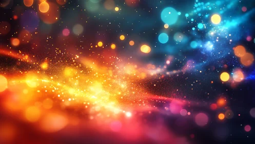 Cosmic light trails stream through vibrant bokeh nebula