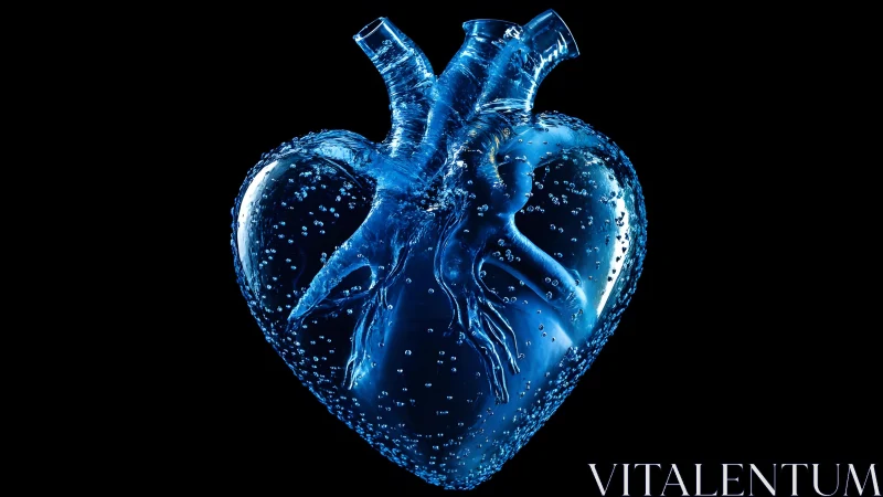 Anatomical glass heart filled with blue liquid and bubbles, surreal style.