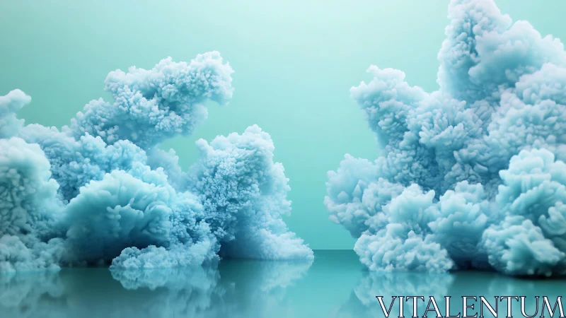 Soft cyan volumetric clouds form above reflective surface
