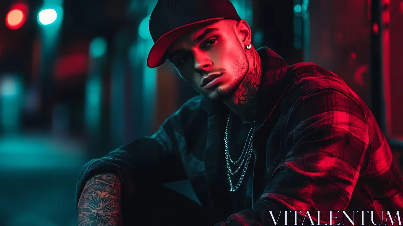 Neon-lit urban portrait shows tattooed man in red teal glow