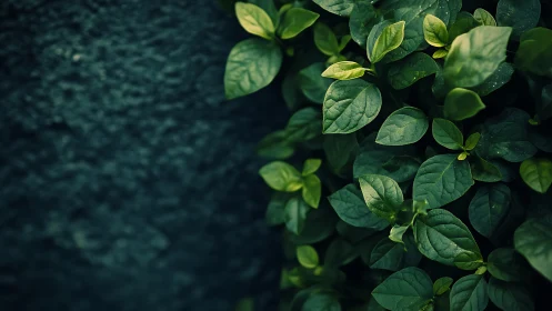 Lush green foliage against textured dark stone wall.