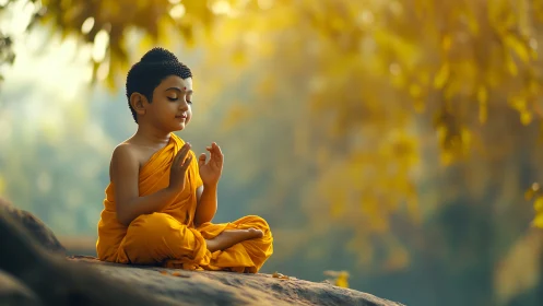 Child monk in saffron robes meditating under diffuse forest light.