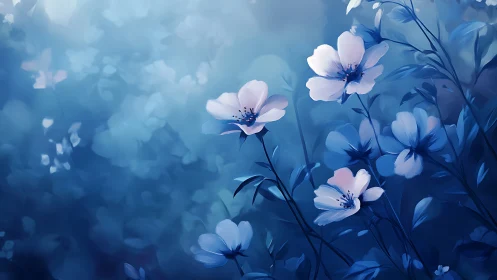 Blue-toned floral composition with white petaled flowers on dark background