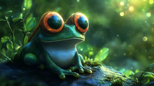 Wide-eyed fantasy frog gazes into glowing forest light