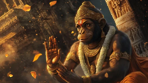 Anthropoid deity figure rendered with ornate temple backdrop