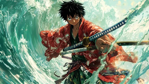 Samurai swordsman charges through crashing ocean waves