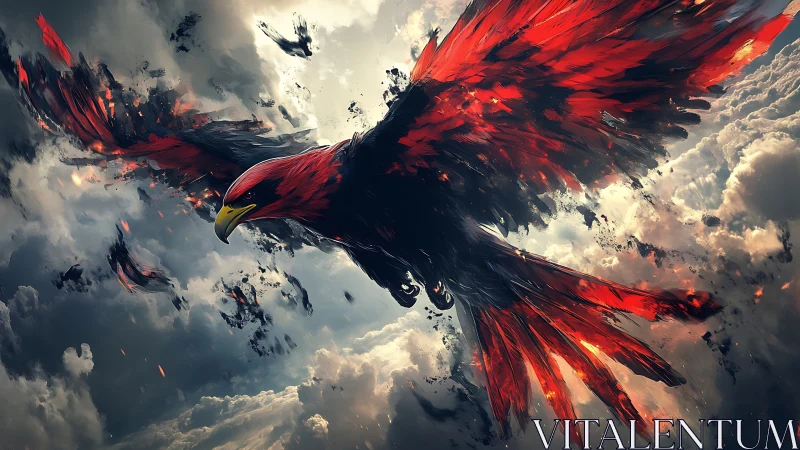 Majestic Fiery Phoenix Soaring Through Dramatic Stormy Skies.