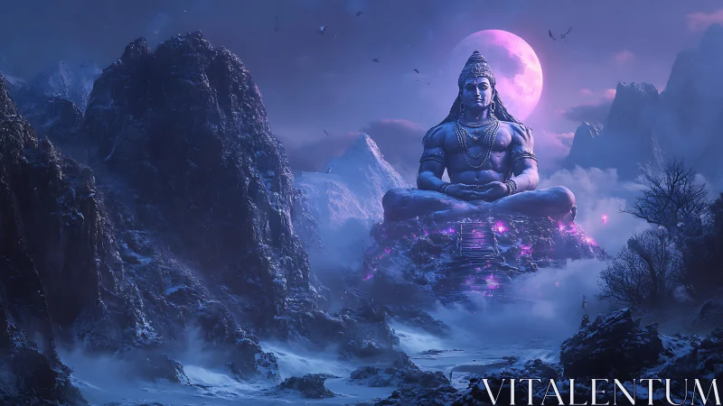 Colossal meditating deity glows above frozen mountain pass