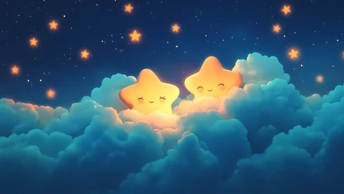 Sleepy cloudbound star friends trade smiles in midnight sky