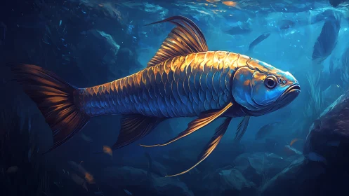 Golden-scaled fish glides through a deep blue aquatic world