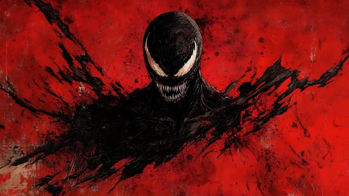 Shadow-born smile in a storm of vivid crimson chaos.