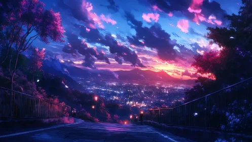 Overlook stairs glowing above neon city at violet dusk.