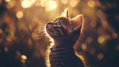 Backlit tabby kitten gazes upward into warm golden sunset light