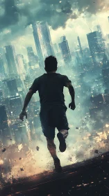 Solitary runner surges toward storm-lashed futurist skyline.