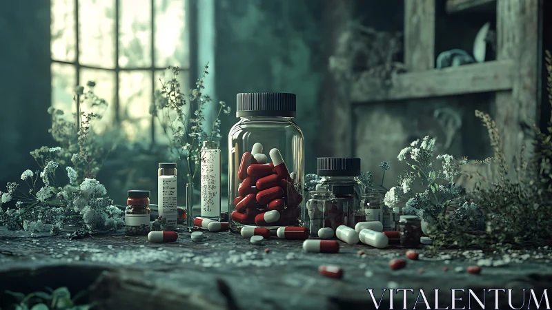 Old apothecary table quietly blends pills, glass jars, and wildflowers