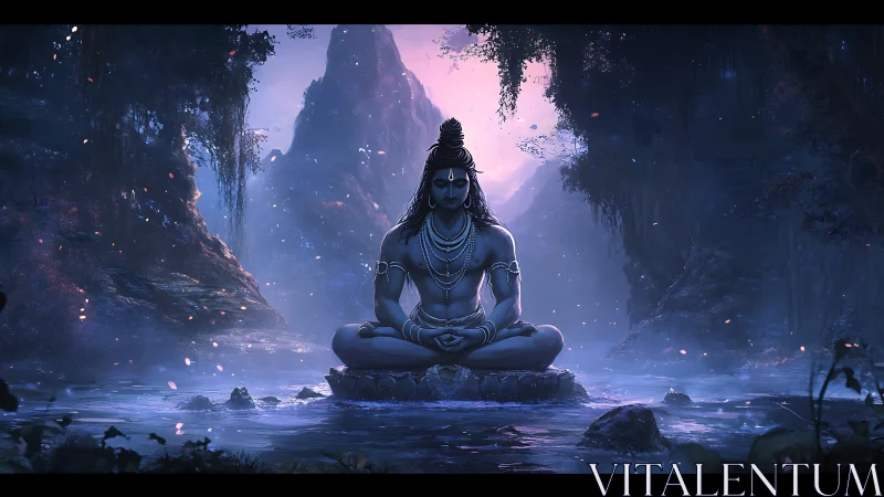 Mystic Shiva meditation amid moonlit Himalayan gorge.