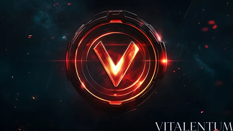 Futuristic red V emblem with glowing circular tech frame.