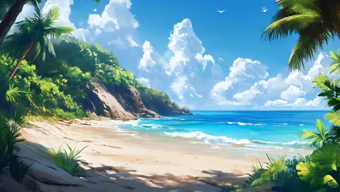 Tropical Beach Cove With Dramatic Cliffs and Palm Trees.