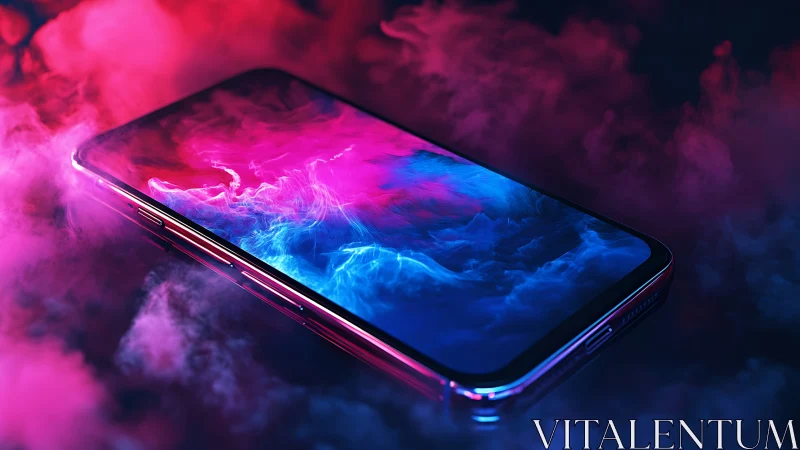 Edge-lit smartphone in neon vapor field with reflective glass optics