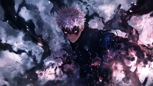 Dynamic anime sorcerer amid swirling dark energy field.