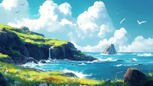 Coastal Cliffs with Waterfall. Turquoise Sea.