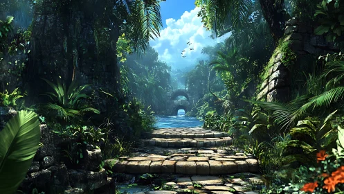 3D jungle temple causeway with luminous stepped waterway.