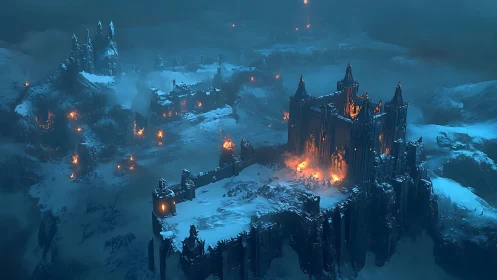 Frozen Kingdom Burns: Cathedral Castles Ignite in Twilight.