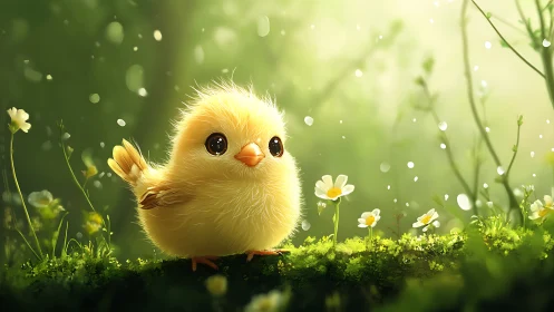 Fluffy yellow chick glows softly in an enchanted forest meadow.