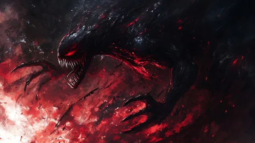 Demonic void creature emerges from chaotic red energy field