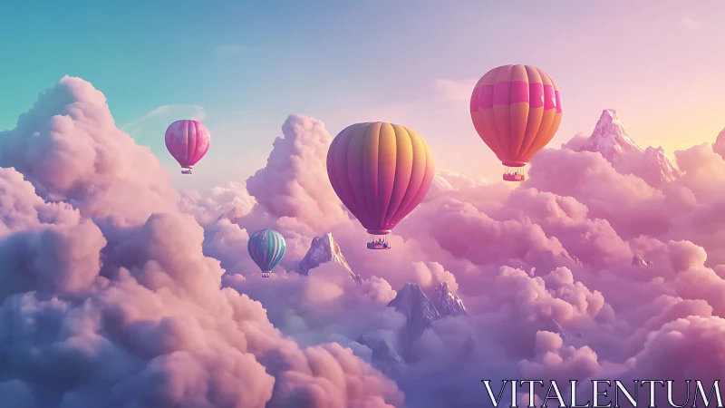 Pastel hot air balloons drift through dreamy pink clouds.