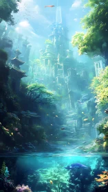 Sunken Skyward City Where Forests Sing Underwater Dreams.
