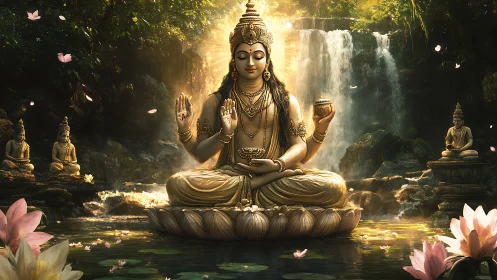 Golden lotus deity meditating beside a cascading forest veil.