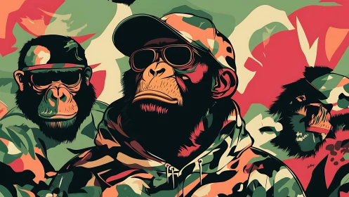Camouflage streetwear apes in bold graphic illustration.