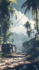 Tropical dirt road with trailers and overhead power lines.