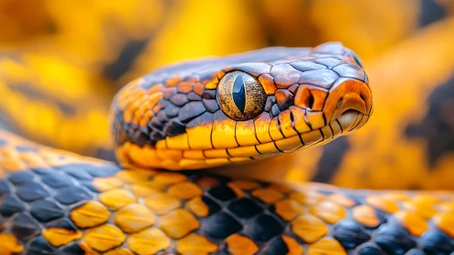 Macro close-up of orange-black snake head with glossy scales