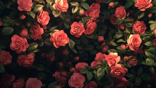 Red Roses with Green Foliage Against Dark Background