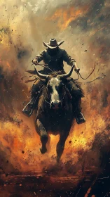 Lone cowboy races through fire on a fearless longhorn steer.